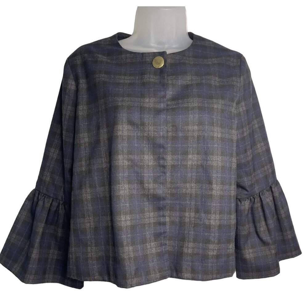 ZARA Basic Plaid Jacket SZ S Modern Crop Ruffle Bell Sleeve Blazer Navy Black
